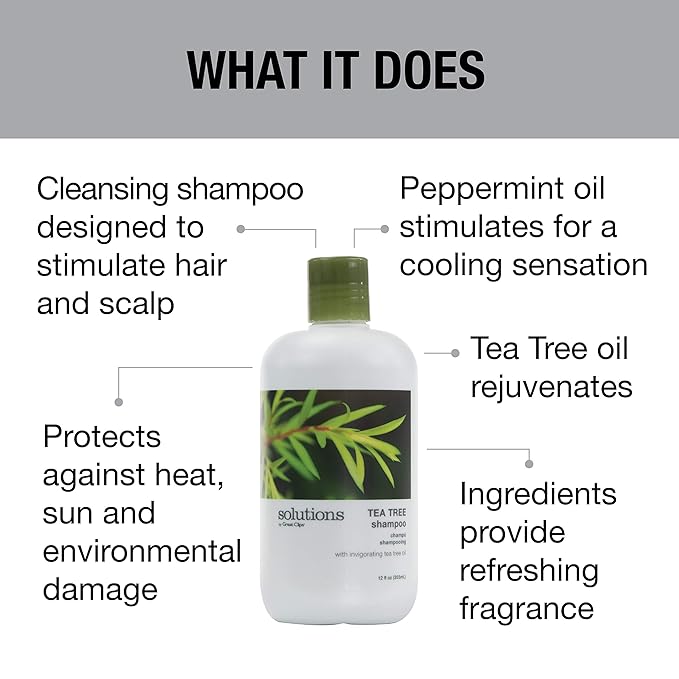GREAT CLIPS Solutions Tea Tree Shampoo 12 fl oz | Natural Dry Scalp & Dandruff Treatment with Invigorating Essential Oils | Nourish and Stimulate Scalp | For All Hair Types
