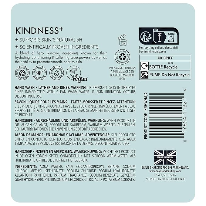 Baylis & Harding Kindness + Hyaluronic Acid, Pear & Orange Blossom Fragrance, 16.9 fl. oz Cleanse & Hydrate Hand Soap (Pack of 3) - Biodegradable Formula - Vegan Friendly