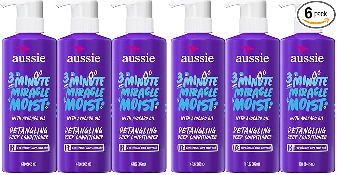 Aussie 3 Minute Miracle Moist Deep Conditioner for Dry Hair, Avocado & Jojoba Oil, Safe for Color Treated Hair, Nourishing Hydration, Silky Shine, Paraben-Free, 16 Fl Oz Each (Pack of 6)