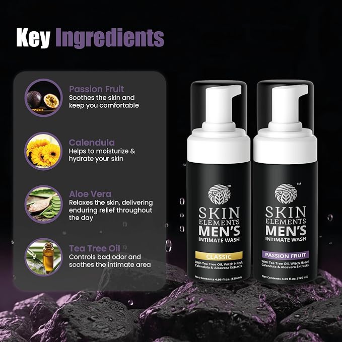 Skin Elements Men's Intimate Wash Combo | Pack of 2 | Jabon Intimo Hombre | Tea Tree Oil + Passion Fruit | pH Balanced Foaming Wash | Soothes, Refreshes & controls Bad Odor | (240 ml)