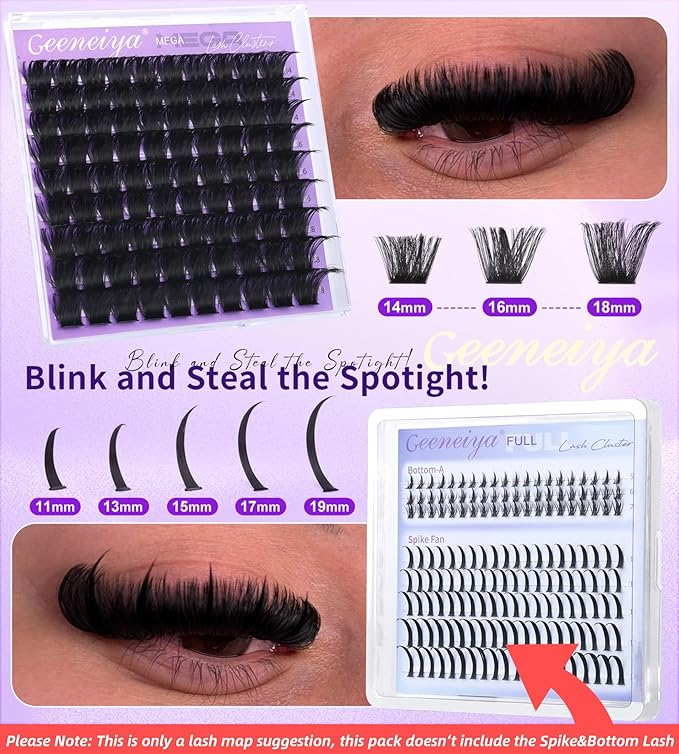 Geeneiya 200D Mega Lash Clusters Volume Eyelash Clusters D Curvature Cluster Eyelash Extensions, 14-16-18MM Mega Lashes
