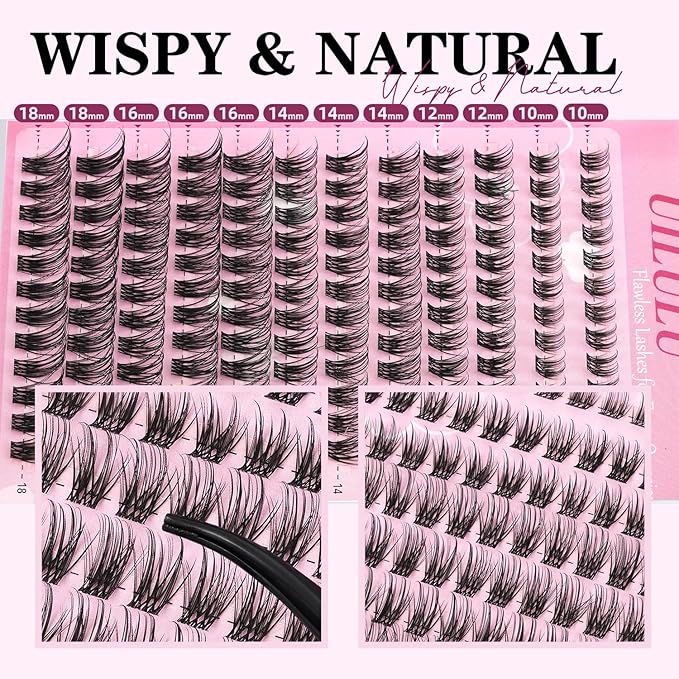 Natural Wispy Lash Clusters Kit 10-18mm Mix D Curl DIY Extension Eye Lashes False Wispy EyeLash Cluster with Bond & Seal, Glue Remover, Tweezers(U14 Lash Kits)