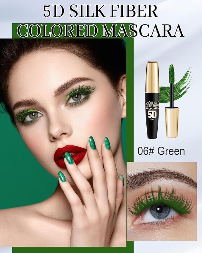 Green Waterproof Mascara for Eyelash, 5D Silk Fiber Lashes Extension Colored Tube Mascara with Eyelash Brush, Long Lasting Smudge-proof Volumizing Lengthening, St Patrick's Eye Makeup Gift for Women