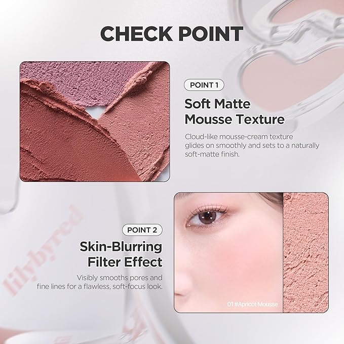lilybyred Luv Beam Cheek Mousse | Heart-Shaped Korean Cream Blush, Airy Soft-Matte Texture, Soft-Focus & Pore-Blurring Finish, Seamless Buildable, Natural Flush, 0.13 oz. (02 Cherry Mousse)
