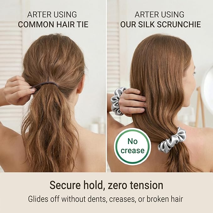 ZLYC 100% Mulberry Silk Scrunchie 19 Momme Gentle Creaseless Hair Tie for Women Dent-Free Ponytail Holder, 3.5cm Solid Sliver