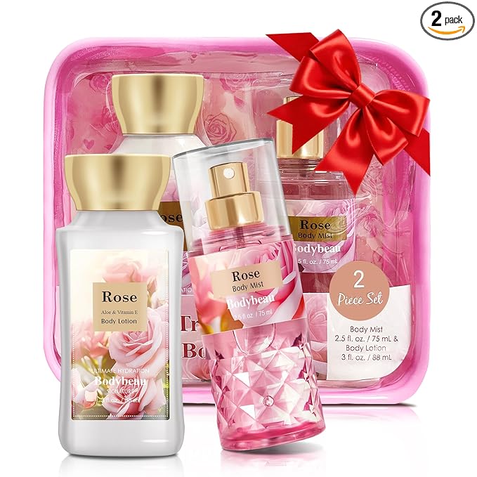 Mother's Day Rose Spa Gift Set - 2PCS Luxury Bath and Body Kit for Women with Body Lotion & Body Mist - Portable Travel Size Self Care Gift for Mom, Wife, or Her
