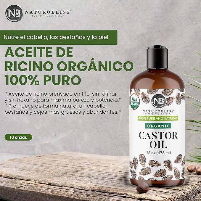NaturoBliss Organic Castor Oil 16 oz – 100% Pure, Expeller-Pressed, Hexane-Free – Value Size Beauty Oil for Hair, Eyelashes, Eyebrows, Skin & Scalp, with Beauty Starter Kit – USDA Organic, GCMS Tested