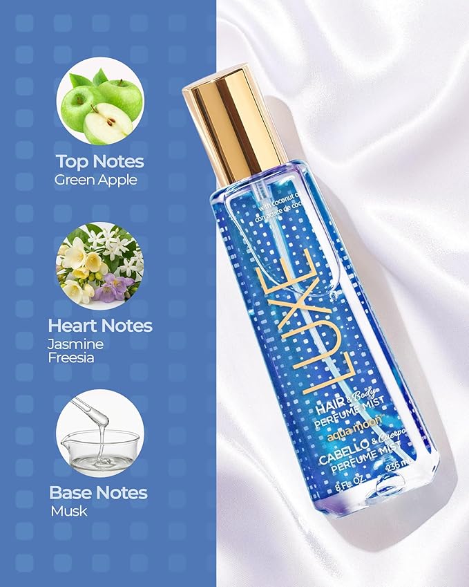 Luxe Perfumery Aqua Moon Hair & Body Perfume Mist – Fruity Floral Musk with Green Apple, Jasmine & Freesia – Hydrating Coconut Oil & Glycerin, Lightweight Daily Mist for Women, 8 Fl Oz