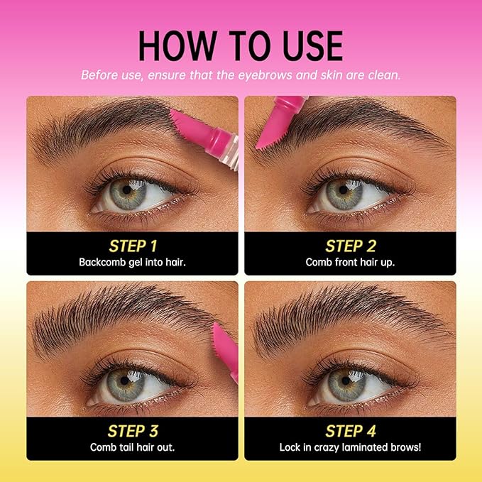 Brow Lamination Gel with Comb, 24H Clear Eyebrow Glue for Fluffy Lifted Brows, Sweatproof & Non-Flaky Hold, Creates Natural Feathered Look, All-Day Styling Kit (2-Pack)