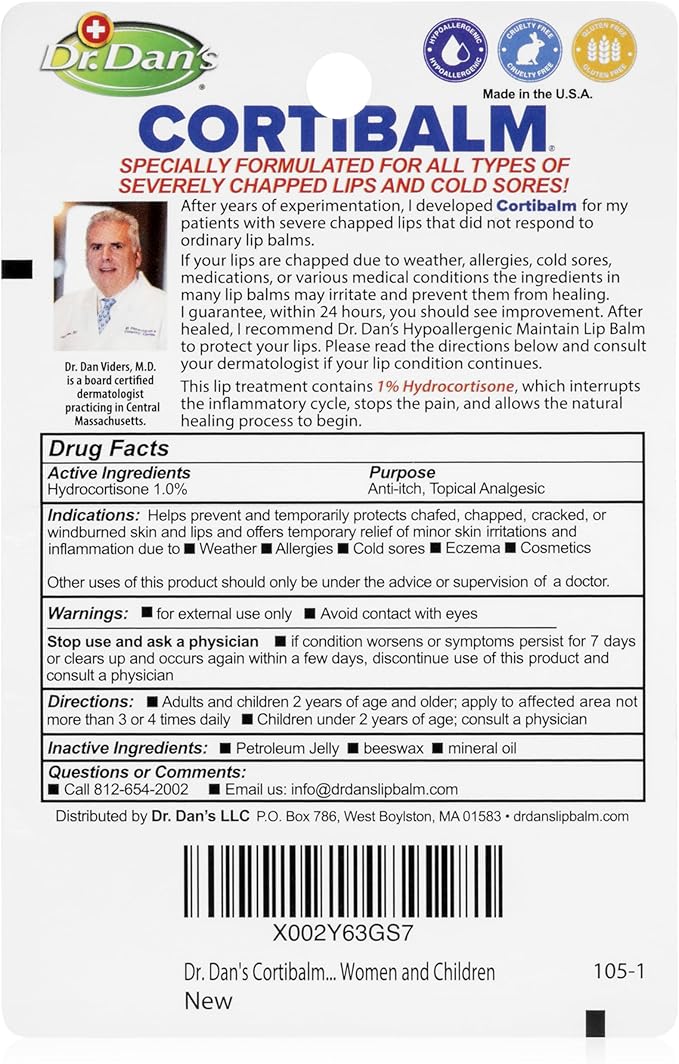 Dr. Dan's Cortibalm-1 pack- for Dry Cracked Lips - Healing Lip Balm for Severely Chapped Lips - Designed for Men, Women and Children