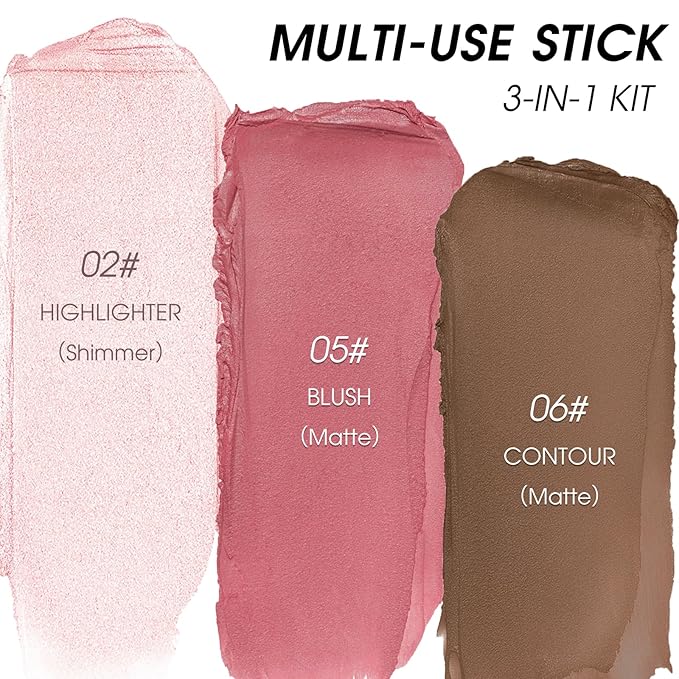 3Pcs Cream Contour Kit - Cream Blush, Highlighter, Contour Bronzer for Cheeks, Waterproof Long Lasting Blendable, Contour Stick Trio for Face Makeup (#02, 05, 06)