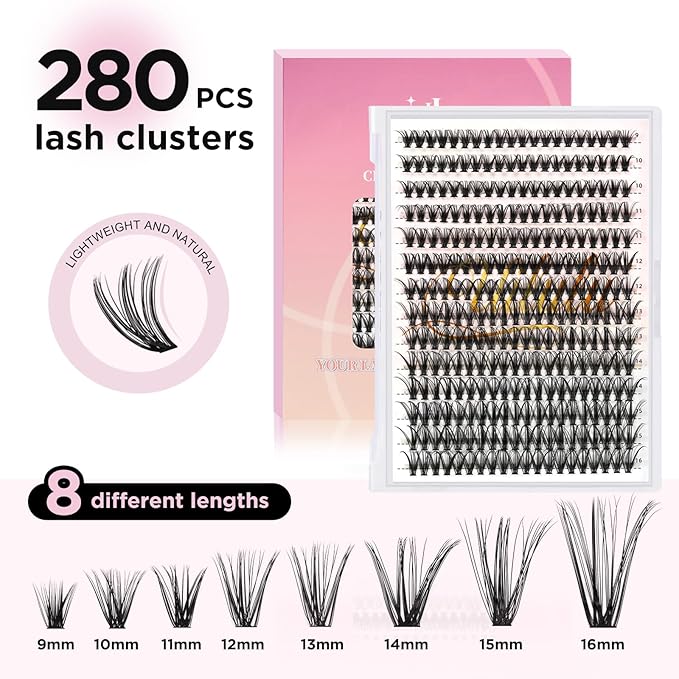 Uilulu Lash Clusters kit 9-16mm DIY Lash Extension Kit 280 30D D Curl Lash Clusters 0.07D Natural Individual Lashes Clusters False Eyelashes Wispy Eye Lash Kits Extensions Kit
