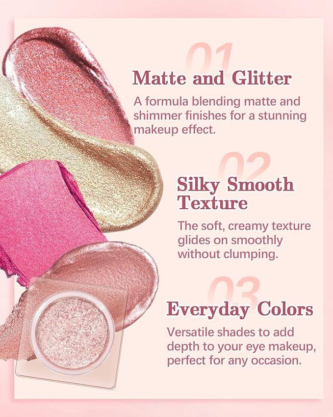 Sparkle Single Eyeshadow Cream, Pink Rose Glitter Highly Pigmented Eye Shadow, Long-Lasting Blendable Shimmer Eyeshadow, Lightweight Eye Shadow Makeup Palette Christmas Party Gift for Women Girls-01