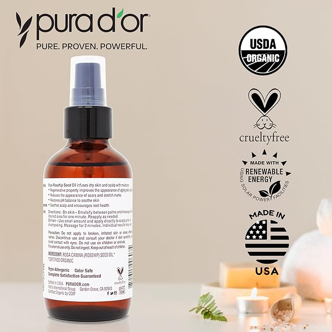PURA D'OR 4 Oz ORGANIC Rosehip Seed Oil 100% Pure Cold Pressed USDA Certified Anti-Aging Youthful Look-Vitamin A & C Rich-Helps Fade Appearance of Scars & Stretch Marks - For Face, Hair & Body