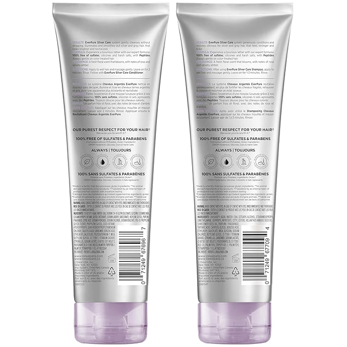 L'Oreal Paris EverPure Silver Care Sulfate Free Shampoo and Conditioner Set,Nourishing Vegan Formula with Peptides for Brightening Gray Hair,1 Kit,(Pack of 3)