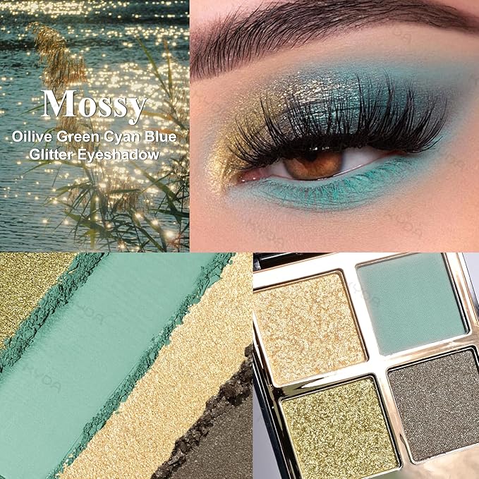 KYDA 4 Colors Eyeshadow Palette, Olive Green Golden Glitter Eyeshadow, Matte Cyan Blue Eye Shadow, Shimmer Pearl Brown Eyes Shadow Palette, Ultra-fine Lightweight, High Pigment Smoky Eyes Makeup