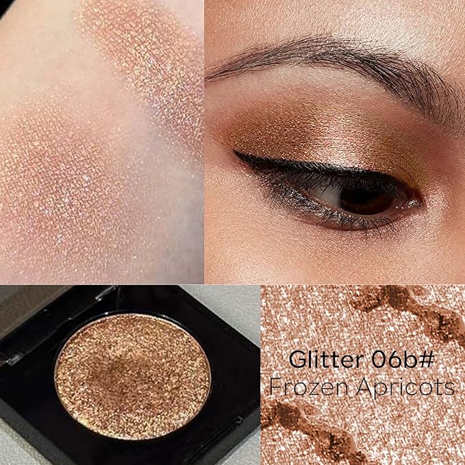 KYDA Glitter Single Eyeshadow, Sparkling Dark Peachy Beige Eyeshadow, Lasting Shimmer Pearl Eyes Shadow, Soft Blendable Formula, High Pigment Eyes Glitter Makeup, Wet Look Effect, Frozen Apricots