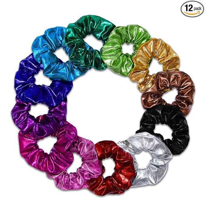 12 Pcs Scrunchies for Women, Shiny Metallic Satin Hair Bands, Bulk Elastic Hair Scrunchie for Thick Hair, Colorful Hair Accessories for Ponytail Holder(Classic Metallic)