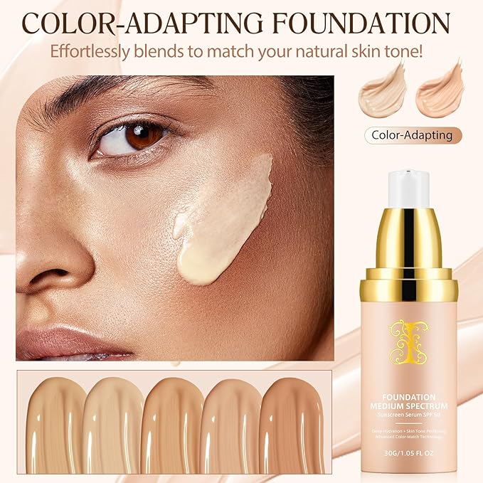 2PCS Foundation 4 in 1, Medium Spectrum with SPF 50+, Longwearing & Waterproof, Hydrating Color Changing Foundation, Non-Greasy,Long Lasting, Great for all skin types, 30ml