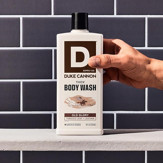 Duke Cannon Supply Co. Thick High Viscosity Body Wash – 3X Thicker, Cleansing Shower and Bath Gel, Mineral-Enriched for Men – Tobacco Leaf + Leather - Men’s Body Scrub – Old Glory Scent