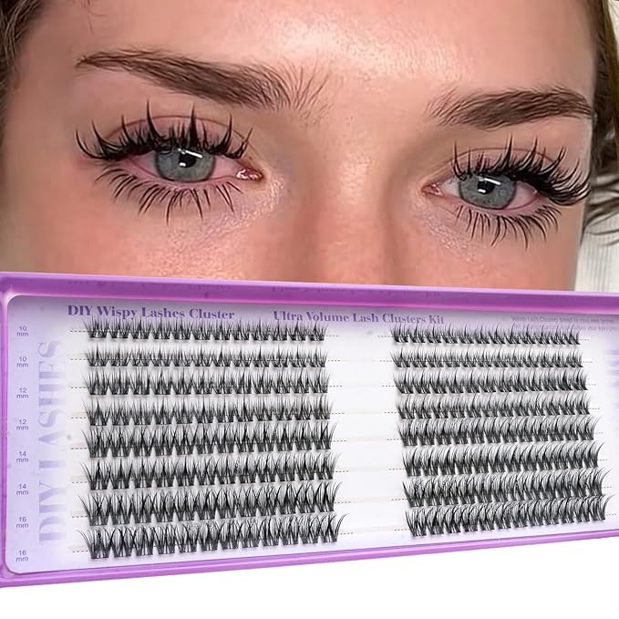 Wispy Lash Clusters Kit, Natural Lash Cluster Eyelash Extensions 192 Pcs C Curl 10-16mm Individual Fluffy False Eyelashes Thin Band DIY Kit for Beginners at Home