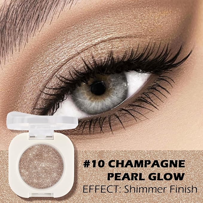 Champagne Pearl Glow Eyeshadow with Brush, Single Glitter Mini Eye shadow Palette, Silky Fine Subtle Shimmer for Old Women, Lightweight & Ultra-Blendable Formula for Daily Eye Glitter Makeup (#10)