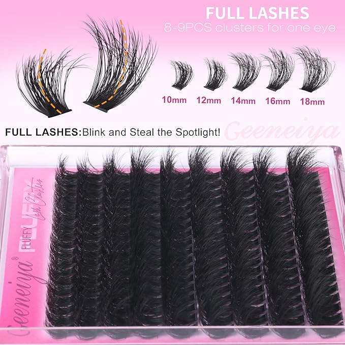 Geeneiya Full Lash Clusters D Curvature Eyelash Clusters Thick Cluster Eyelash Extensions Wispy Individual Lashes Extensions Waterproof Lashes DIY at Home for Beginners with Lash Map