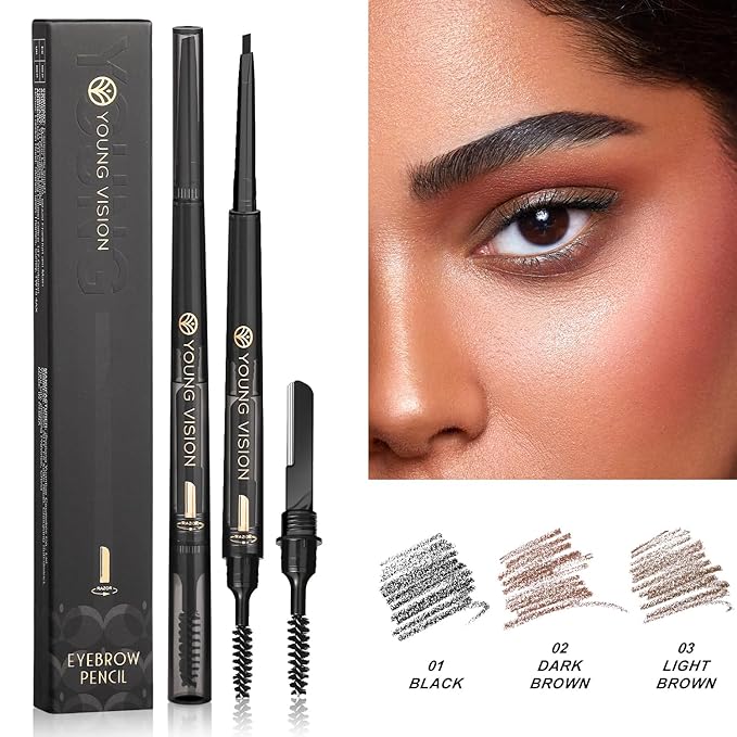 YOUNG VISION 3 in 1 Eyebrow Pencils for Women, Eye Brow Pen, Brush and Razor Trio, for Natural Hair-Like Brows, Easy to Color, Waterproof, Quick-Drying, Lasts All Day (Light Brown)