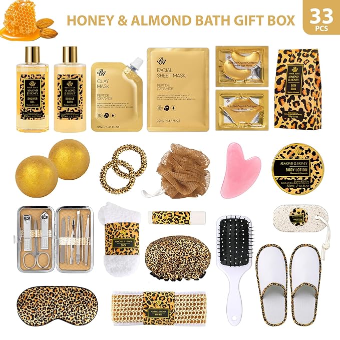 Mother's Day Gifts for Mom, 33 Pcs XXL Leopard Bath and Body Gifts Basket Set for Women, Hydrating Skin Care Set, Self Care Gifts Kit, Birthday, Home Spa Gift Set for Women, Christmas, Anniversary