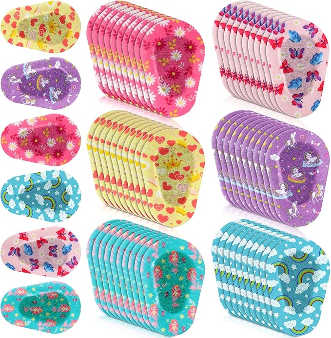 Panelee 60 Pcs Adhesive Eye Patches Bulk Breathable Colorful Fun Designs 3 x 2 Inch Light Blocking Cotton Bandages for Women Men Adults, 6 Styles
