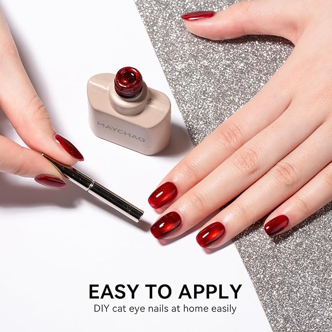 MAYCHAO 15ML Red Cat Eye Gel Nail Polish 1Pc Molten Christmas Ruby Red Glitter Cat Eye Gel Polish Soak off Holographic Magnetic Nail Polish for Nail Art Manicure Salon DIY at Home, 0.5 OZ