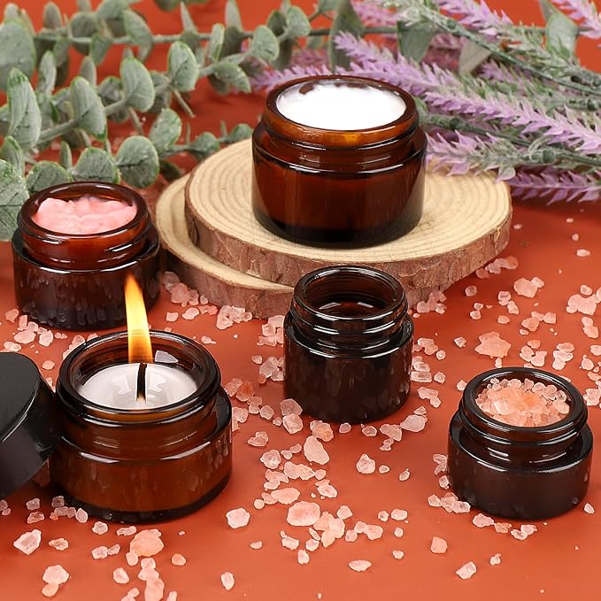 Accmor 1 OZ Glass Jars with Lids, 4 Pack Amber Makeup Sample Container with Inner Liners & Spatulas, Leak Proof Round Travel Cosmetic Storage for DIY Making Lotions, Creams, Body Scrub, Bath Salts