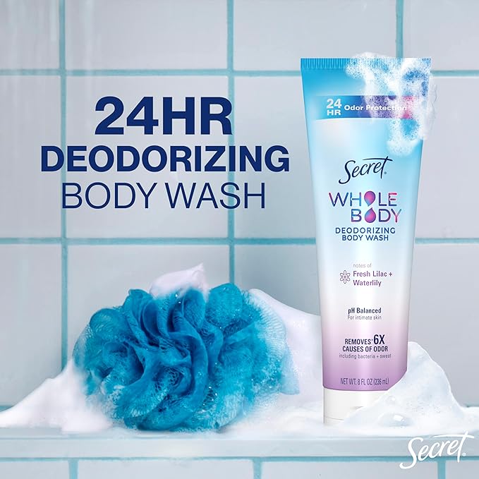 Secret Feminine Wash, 24 HR Deodorizing Feminine Body Wash for Women, Removes 6x Causes of Odor, PH Balanced, Safe to Use Everywhere, Lilac & Waterlily Scent, 8.0 Fl Oz