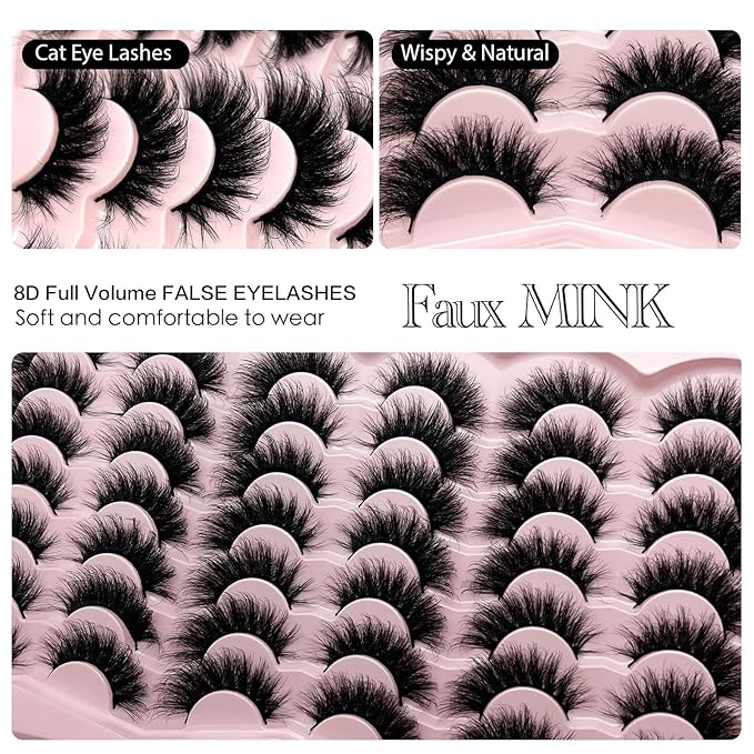 Mink Lashes Cat Eye Fluffy False Lashes Wispy Natural Lash Strips C Curl Faux Mink False Eyelashes Pack Full Strip False Eyelashes Natural Look