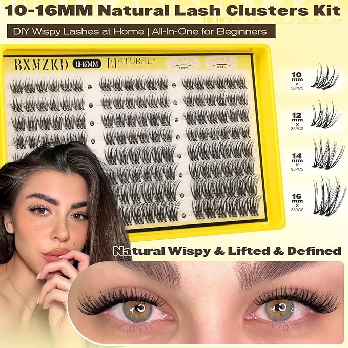 Natural Lash Clusters Kit Wispy Eyelash Clusters Kit with Invisible Band 10-16mm C Curly Natural Cluster Eyelash Extensions DIY Wispy Eye Lash Clusters with Bond & Seal and Tweezers