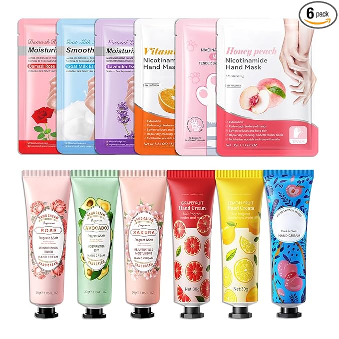 Hydrating Hand Masks, 6PCS Hand Mask Moisturizing Gloves for Men Women, Smooth Long Lasting Soft Exfoliating Hand Peeling Spa Mask Moisturizer Beauty Gift Set for Dry Cracked Rough Dull Hands（R)