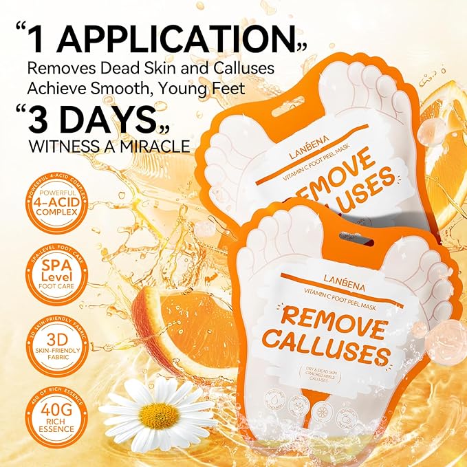 LANBENA Vitamin C Foot Peeling Mask, Foot Mask for Dry Cracked Feet, Exfoliator Peel Off Calluses Dead Skin Callus Remover, Repair Rough Heels & Get a Baby Soft Feet for Men and Women(2 Pairs)