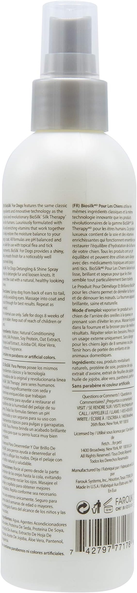 BioSilk for Dogs Silk Therapy Detangling and Shine Protecting Spray, pH Balanced Leave-in Mist with Silk and Vitamins for Dematting, Paraben-Free, All Coats and Breeds, 8 Fl Oz - 2 Pack