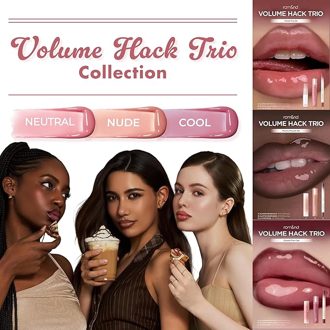 rom&nd Volume Hack Trio Glazed Plum Lip Set | Plumping, Hydrating K-Beauty Lip Kit for High-Shine, Irresistible Pouts