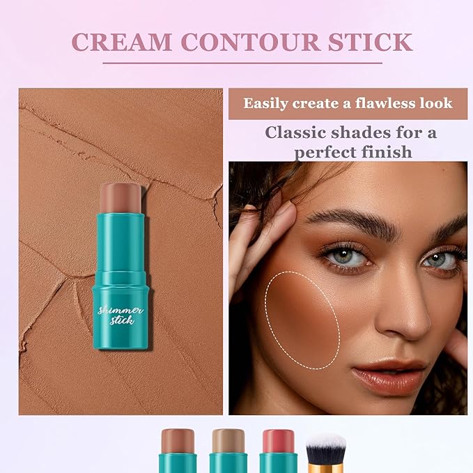 3Pcs Cream Contour Stick Makeup Kit with Makeup Brush,Shades with Highlighter,Brush Stick,Cream Bronzer for Sculpt the Cheeks,Long-lasting Waterproof Lightweight Contour Set B