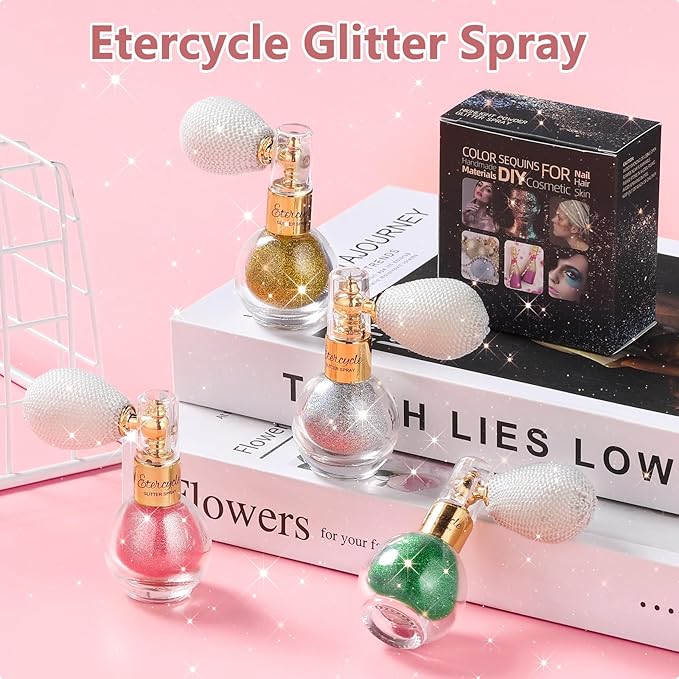 Etercycle Fine Body Glitter, Pink Hair Body Glitter Spray Beautiful Face Makeup Glitter, Cute High Gloss Cosmetic Shimmer Hairspray Shiny Fabric Glitter Spray for Clothing Stage Festival Rave Prom