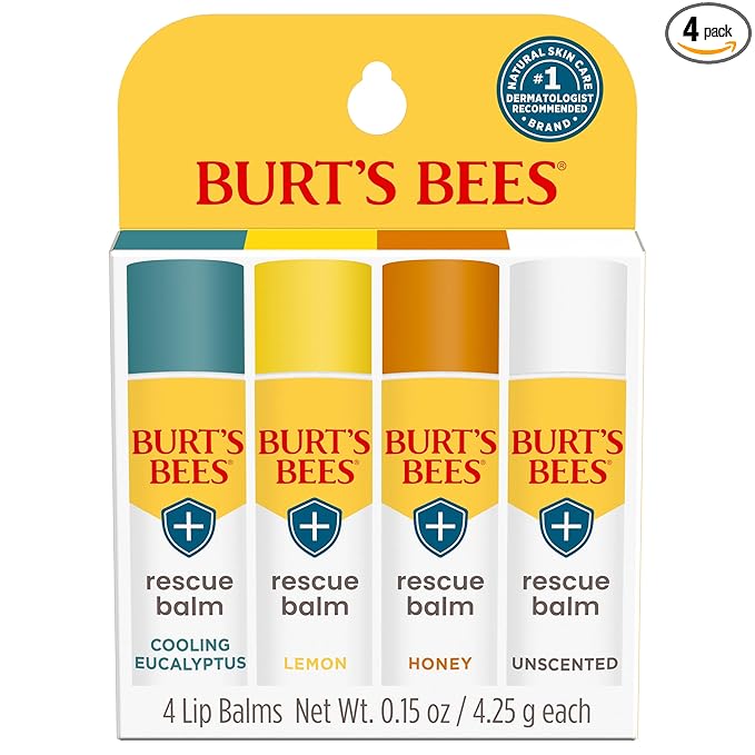 Burt's Bees 100% Natural Rescue Lip Balm, Cooling Eucalyptus, Lemon, Honey, Unscented, 4 Tubes