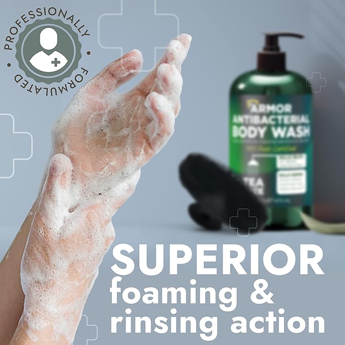 Antibacterial Body Wash with Tea Tree Oil | Antibacterial Soap for Men & Women | Kills 99.9% of Germs & Bacteria | Helps with Back Acne, Body Odor & Skin Irritation | Includes Scrubber 16 fl oz