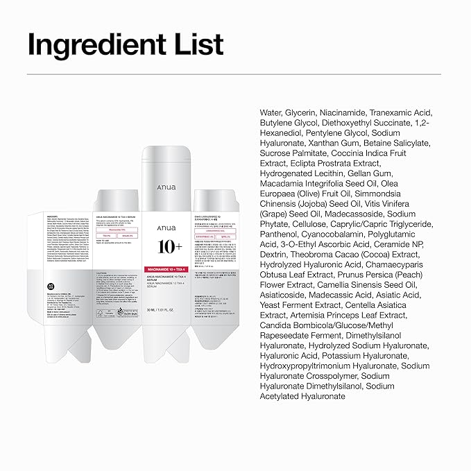 Anua Niacinamide 10 + TXA 4 Serum, Dark Spot Care, Hyaluronic Acid, Tranexamic Acid, Lightweight & Hydrating All-in-One Daily Facial Serum for Glass Skin, Korean Skincare, 1.01 fl.oz