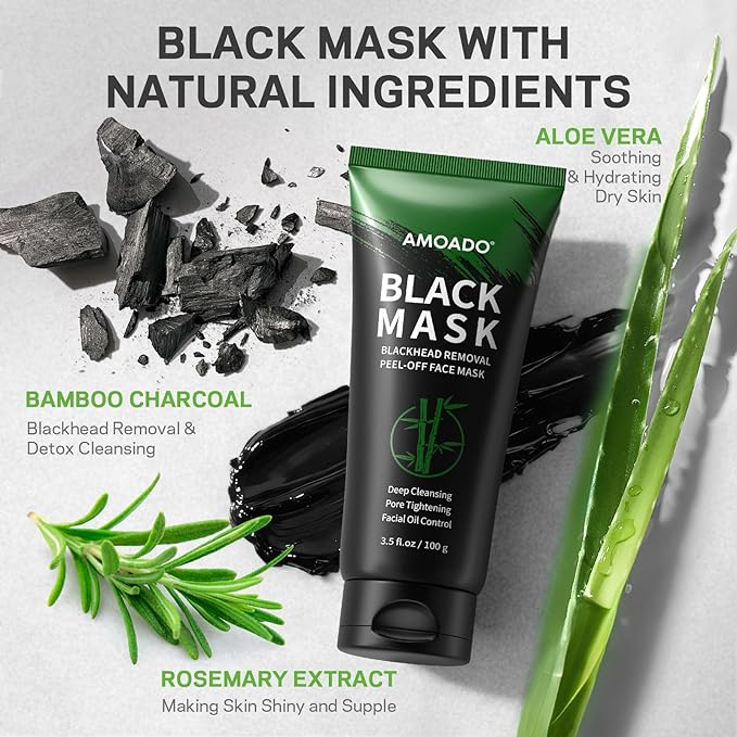 AMOADO Blackhead Remover Peel Off Face Mask, Black Mask & Tea Tree Oil Serum Duo Set, 2-in-1 Deep Cleansing and Pore Tightening, Charcoal Face Mask Peel Off Blackheads Removal