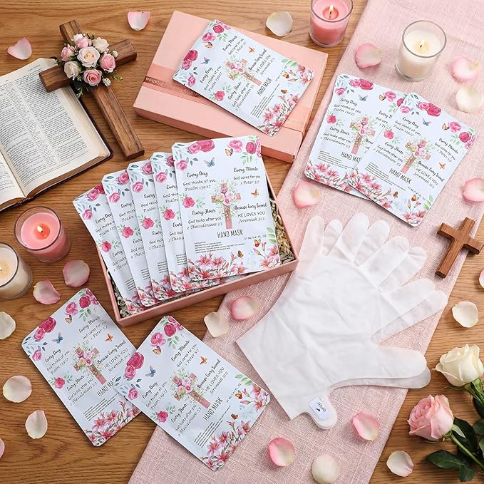 Loopeer 24 Pcs Christian Gifts for Mothers Day Religious Hand Mask Bible Verse Gloves for Skin Dry Hydrating Hand Masks Moisturizer Rose Gloves for Mom Grandma Church Prayers Coworker