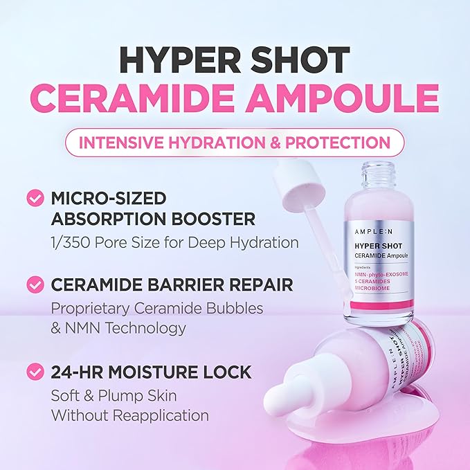 AMPLE:N Hyper Shot Ceramide Ampoule - Korean Face Serum for Dry Damaged Skin - Barrier Repair, K-Beauty 100-Hour Hydration with 50,000 ppm Ceramide Complex, Niacinamide, and Beta-Glucan, 1.69 fl. Oz.
