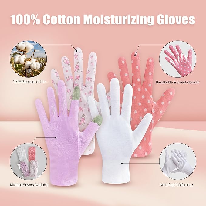 HandLove Premium 100% Cotton Gloves | Moisturizing Gloves for Dry Hands | Overnight Sleeping & Eczema | Cute Pink Dots, 12 Pairs