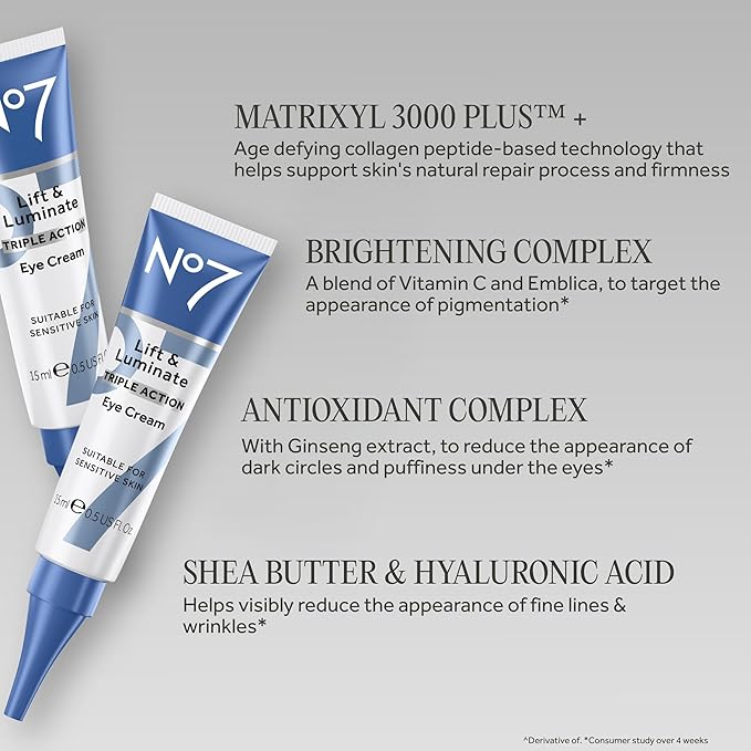 No7 Lift & Luminate Triple Action Under Eye Cream - Dark Circles Under Eye Treatment with Vitamin C & Collagen Peptide Technology - Helps Reduce Puffiness, Bags & the Appearance of Wrinkles (0.5 Oz)