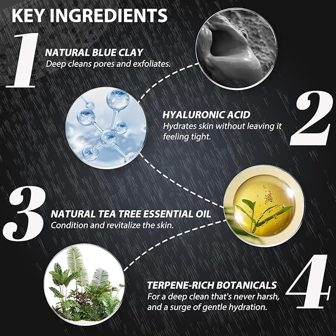 Bee & Flower Mens Body Wash Hyaluronic Acid Blue Clay Clarifying Bath Soap for Men Deep Cleansing Lightly Moisturizing Shampoo and Body Wash - 16.8 Fl Oz